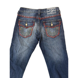 True Religion Jeans Womens 25 Straight Leg Distressed Red Stitch Made in USA